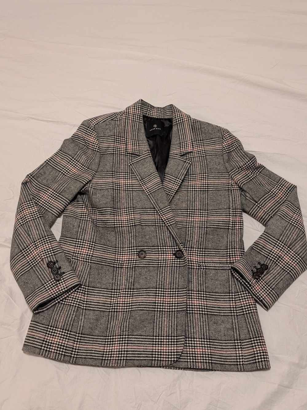 Anine Bing Double-Breasted Gray Plaid Blazer with Pink Windowpane